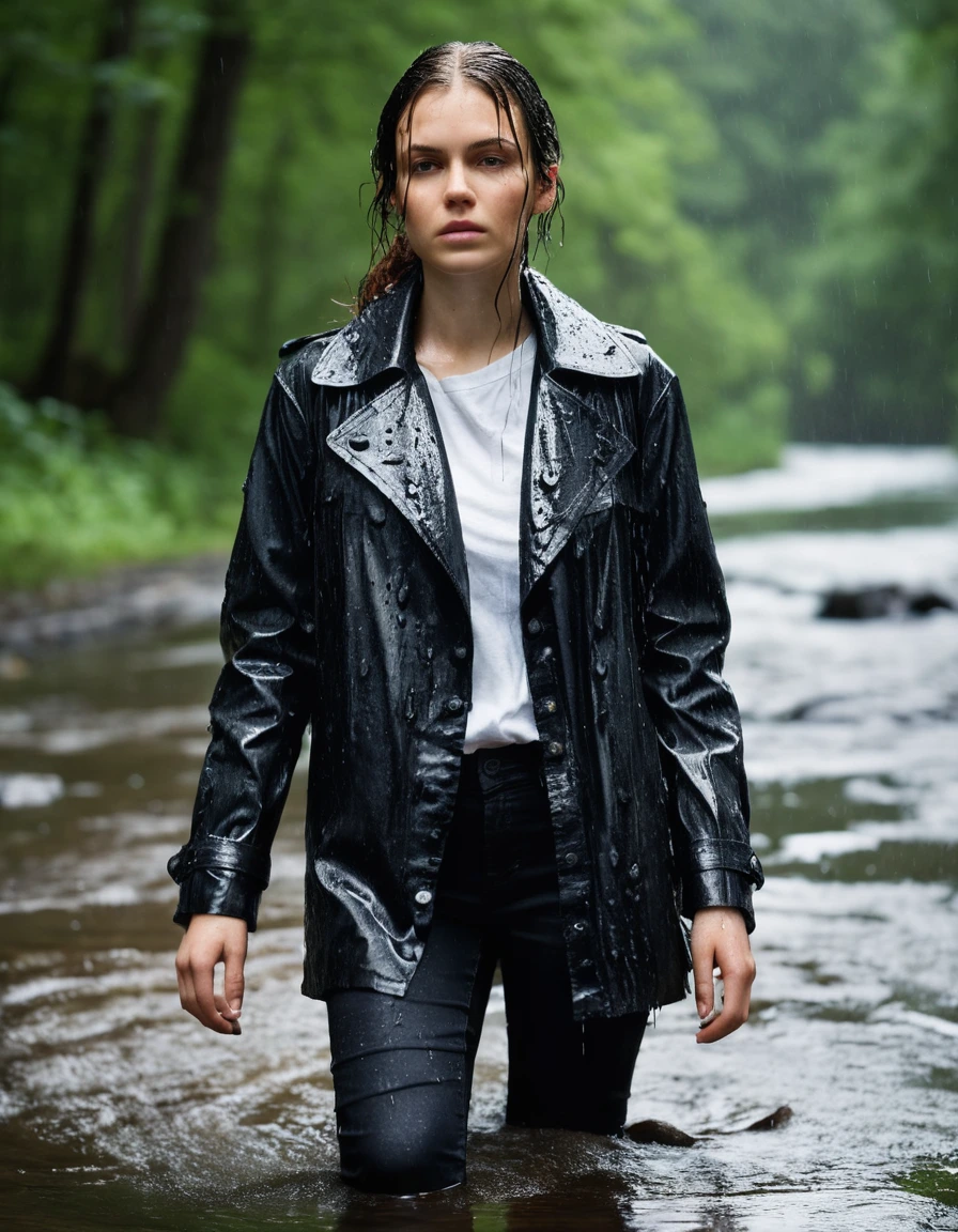 professional photo of young woman, in soaking wet, drenched clothes, wet clothes stuck to body, detailed textures of the wet clothes, wet face, wet plastered hair, wet, drenched, wet skin, damp fabric, water-drenched white oversize leather button shirt, black leather jacket, black trench coat, skin tight black leather jeans, black leather ankle boots, soaked and glistening, streaming raindrops, fabric transparency, high-contrast water cling, water dripping from hem, standing in a river in a forest, heavy rain, storm aftermath atmosphere, cinematic lighting, close up, sharp focus, photorealistic, ultra-detailed fabric texture, realistic colors, RAW photo, professionally color graded