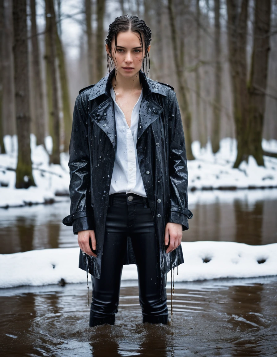 professional photo of young woman, in soaking wet, drenched clothes, wet clothes stuck to body, detailed textures of the wet clothes, wet face, wet plastered hair, wet, drenched, wet skin, damp fabric, water-drenched white oversize leather button shirt, black leather jacket, black trench coat, skin tight black leather jeans, black leather ankle boots, soaked and glistening, streaming raindrops, fabric transparency, high-contrast water cling, water dripping from hem, standing in a river in a snow covered forest, snowing, covered in snow, cinematic lighting, storm aftermath atmosphere, full body view, detailed fabric texture, sharp focus, photorealistic, ultra-detailed fabric texture, realistic colors, RAW photo, professionally color graded