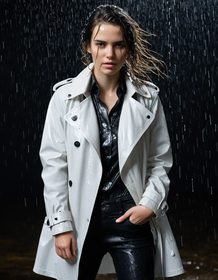 professional photo of young woman, in soaking wet, drenched clothes, wet clothes stuck to body, detailed textures of the wet clothes, wet face, wet plastered hair, wet, drenched, wet skin, damp fabric, wearing a water-drenched white oversize leather button shirt, black leather jacket, saturated, black trench coat, skin tight black leather jeans, saturated, and black leather ankle boots, soaked and glistening, standing in heavy rain, streaming raindrops, fabric transparency, high-contrast water cling, storm aftermath atmosphere, cinematic lighting, at night, close up, water dripping from hem, sharp focus, photorealistic, ultra-detailed fabric texture, realistic colors, RAW photo, professionally color graded