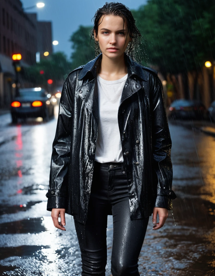 professional photo of young woman, in soaking wet, drenched clothes, wet clothes stuck to body, detailed textures of the wet clothes, wet face, wet plastered hair, wet, drenched, wet skin, damp fabric, wearing a water-drenched white oversize leather button shirt, black leather jacket, saturated, black trench coat, skin tight black leather jeans, saturated, black leather ankle boots, soaked and glistening, streaming raindrops, fabric transparency, high-contrast water cling, water dripping from hem, standing in heavy rain at night, storm aftermath atmosphere, cinematic lighting, close up, sharp focus, photorealistic, ultra-detailed fabric texture, realistic colors, RAW photo, professionally color graded