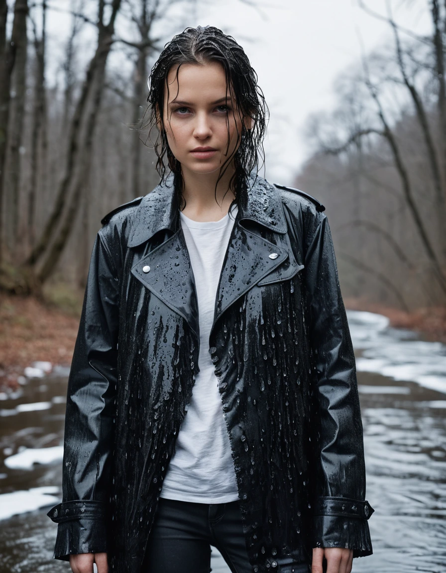 professional photo of young woman, in soaking wet, drenched clothes, wet clothes stuck to body, detailed textures of the wet clothes, wet face, wet plastered hair, wet, drenched, wet skin, damp fabric, water-drenched white oversize leather button shirt, black leather jacket, black trench coat, skin tight black leather jeans, black leather ankle boots, soaked and glistening, streaming raindrops, fabric transparency, high-contrast water cling, water dripping from hem, standing in a river in a snow covered forest, close up, at night, cinematic lighting, storm aftermath atmosphere, sharp focus, photorealistic, ultra-detailed fabric texture, realistic colors, RAW photo, professionally color graded