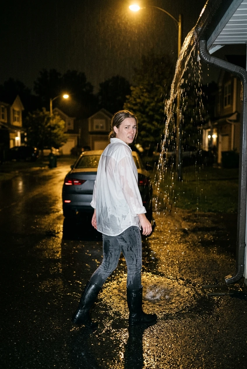 Create a realistic cinematic photograph of a young adult European woman with natural European features walking toward a parked sedan on a suburban asphalt street at night, illuminated by dim yellow streetlamps. She is caught in a sudden burst of water from a rooftop drainpipe. She is wearing a white oversized cotton button-down shirt, charcoal grey skinny denim jeans, and black rubber rain boots with a glossy finish. All clothing is soaking wet, saturated with water, visibly darkened, covered with realistic droplets, and heavy with moisture while retaining its normal opaque shape and coverage. Her skin is wet and damp. Wide-angle shot from a low perspective, candid paparazzi style, high contrast, sharp details, photorealistic, cinematic lighting, 35mm lens, 2:3 aspect ratio.