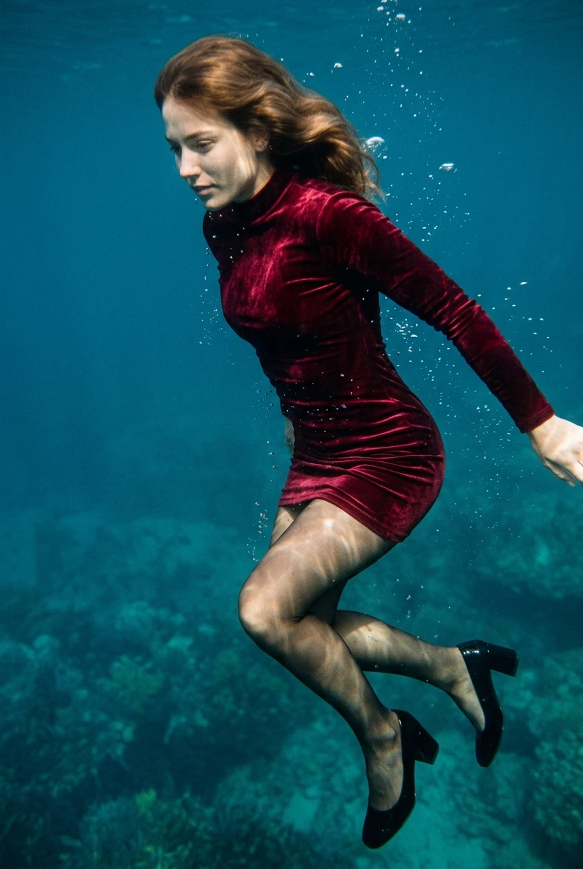 Create a realistic cinematic photograph of a young adult European woman with natural European features, captured mid-action as she submerges and swims in the deep sea. She is wearing a long-sleeve, form-fitting mini dress made of rich red velvet with a high neckline, sheer dark pantyhose, and black high heels. Every garment is visibly saturated with water, darkened in tone, covered in realistic water droplets, and heavy with moisture while maintaining its full coverage. Her skin is wet, and the fabric of the dress and pantyhose clings to her form due to the water. The image is a portrait-oriented, photorealistic lifestyle shot with rich, natural colors and balanced lighting, capturing the movement of the water around her.