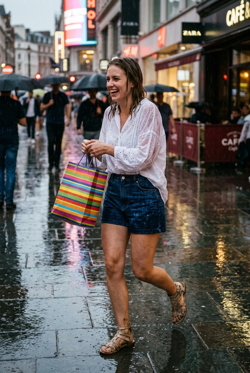 Create a realistic cinematic photograph of a young adult European woman with natural European features, captured in a candid paparazzi-style medium shot on a bustling urban shopping district sidewalk with reflective wet pavement. She is laughing while rushing through a heavy downpour, clutching a dripping colorful paper shopping bag. She is wearing an oversized white cotton eyelet blouse that is soaking wet, visibly darkened, and heavy with moisture from the rain, tucked into high-waisted denim shorts in a dark indigo wash that are completely saturated with water and covered in realistic droplets. Her beige leather gladiator sandals are soaked and muddy. Her skin and clothes are damp, reflecting the environment. The image features rich natural colors, balanced bright exposure, moderate contrast, and softly lifted shadows, presented in a 2:3 portrait-oriented composition.