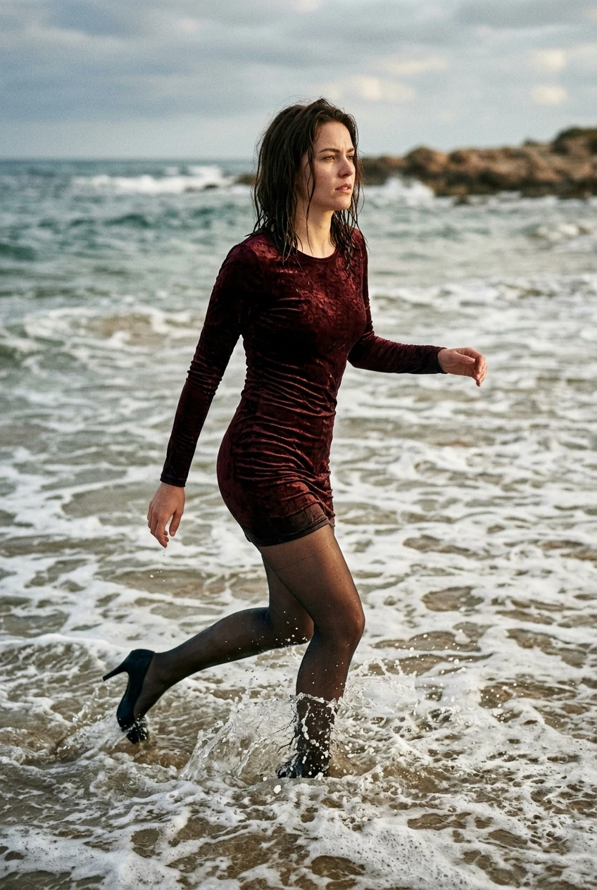 Create a realistic cinematic photograph of a young adult European woman with natural European features, wearing a long-sleeve, form-fitting mini dress made of rich red velvet with a high neckline, sheer dark pantyhose, and black high heels. The clothing is soaking wet, saturated with water, visibly darkened, covered with realistic droplets, and heavy with moisture. The woman is captured in action as she walks along the shoreline, wades into the surf, submerges into the shallow water, and swims in the sea, with wet skin and damp fabric visible throughout. The image is a portrait-oriented photographic composition with rich, natural color and balanced exposure.
