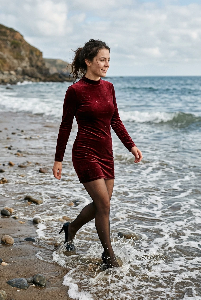 Create a realistic cinematic photograph of a young adult European woman wearing a long-sleeve, form-fitting mini dress made of rich red velvet with a high neckline, sheer dark pantyhose, and black high heels. The woman is captured in action walking along the shoreline, wading into the surf, submerging into the shallow water, and swimming in the sea. Her skin and clothing are soaking wet from the seawater; the red velvet dress, pantyhose, and heels are completely saturated with water, visibly darkened, covered with realistic droplets, and heavy with moisture while retaining their normal opaque shape and coverage. The composition is a portrait-oriented 2:3 lifestyle photograph with natural colors and balanced exposure.