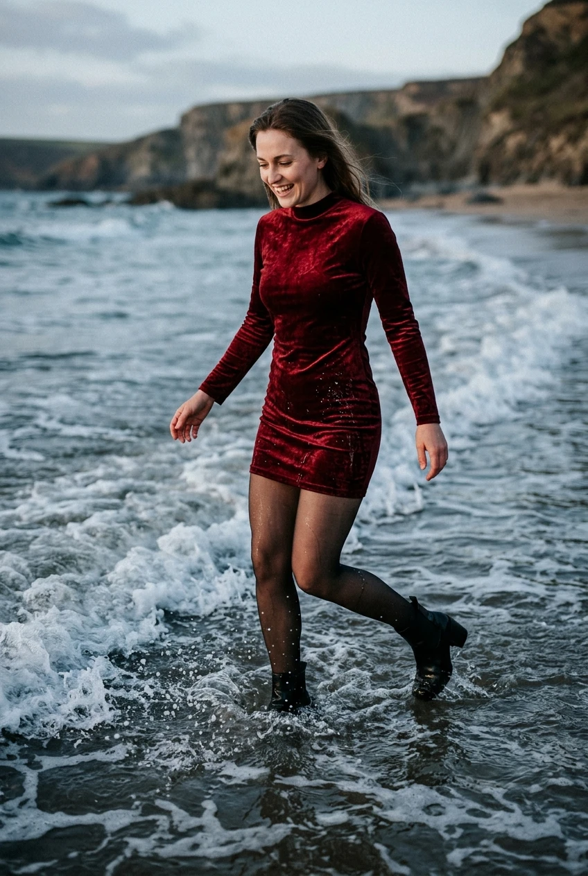 Create a realistic cinematic photograph of a young adult European woman with natural features, wearing a long-sleeve, form-fitting mini dress made of rich red velvet with a high neckline, sheer dark pantyhose, and black high heels. The woman is captured in action wading into the surf and swimming in the sea. Her red velvet dress, pantyhose, and heels are completely soaking wet, visibly darkened, covered with realistic water droplets, and heavy with moisture, while maintaining their opaque coverage. The scene depicts the woman in the shallow water at the shoreline, with her skin and clothing appearing naturally damp from the seawater. The image is a portrait-oriented, photorealistic lifestyle photograph with natural colors and balanced lighting.