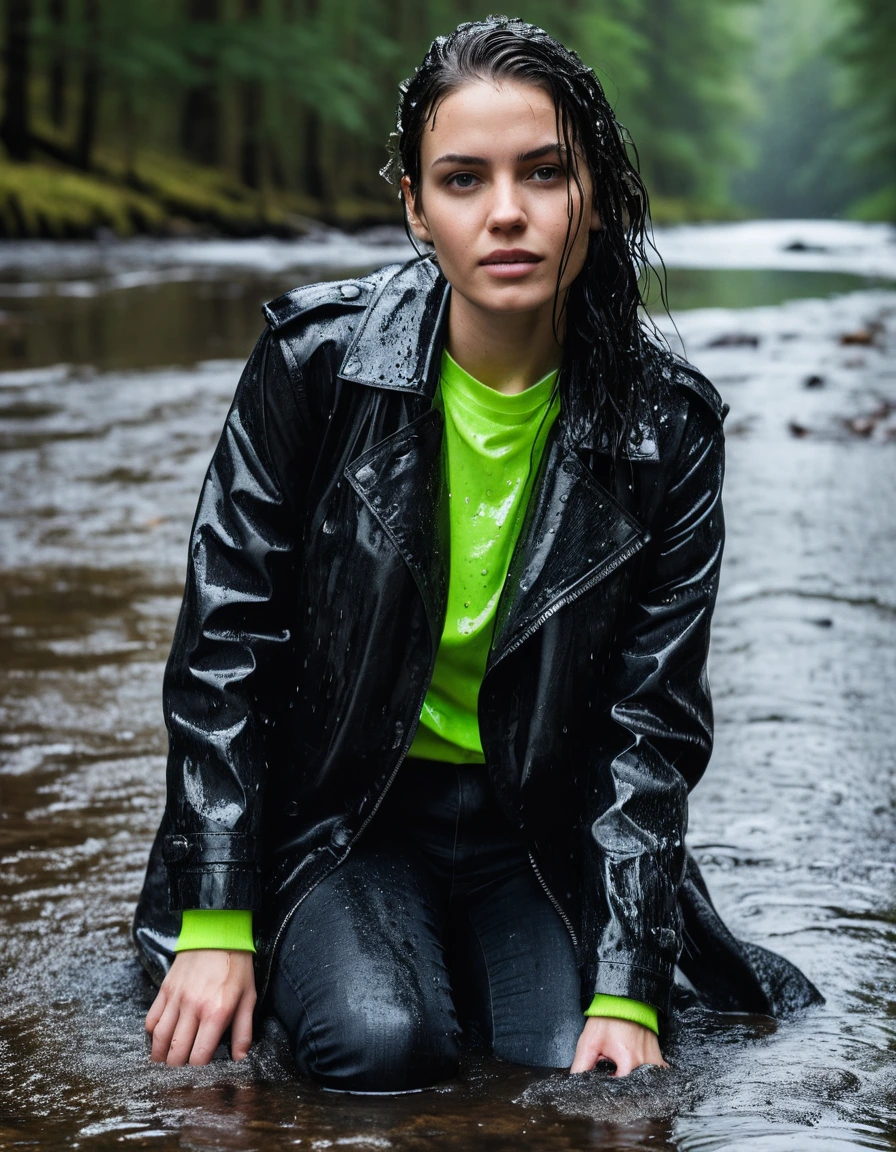professional photo of young woman, in soaking wet, drenched clothes, wet clothes stuck to body, detailed textures of the wet clothes, wet face, wet plastered hair, wet, drenched, wet skin, damp fabric, wearing a water-drenched neon green oversize t-shirt, saturated black leather jacket, saturated black trench coat, skin tight black leather jeans, saturated, black leather ankle boots, soaked and glistening, lying in a river in a snow covered forest, heavy rain, streaming raindrops, fabric transparency, high-contrast water cling, water dripping from hem, storm aftermath atmosphere, cinematic lighting, close up, sharp focus, photorealistic, ultra-detailed fabric texture, realistic colors, RAW photo, professionally color graded