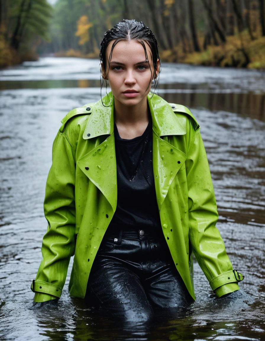 professional photo of young woman, in soaking wet, drenched clothes, wet clothes stuck to body, detailed textures of the wet clothes, wet face, wet plastered hair, wet skin, damp fabric, wearing a water-drenched neon green oversize t-shirt, black leather jacket, saturated, black trench coat, skin tight black leather jeans, saturated, black leather ankle boots, soaked and glistening, lying in a river in a snow covered forest, heavy rain, streaming raindrops, fabric transparency, high-contrast water cling, water dripping from hem, storm aftermath atmosphere, cinematic lighting, sharp focus, photorealistic, ultra-detailed fabric texture, realistic colors, RAW photo, professionally color graded