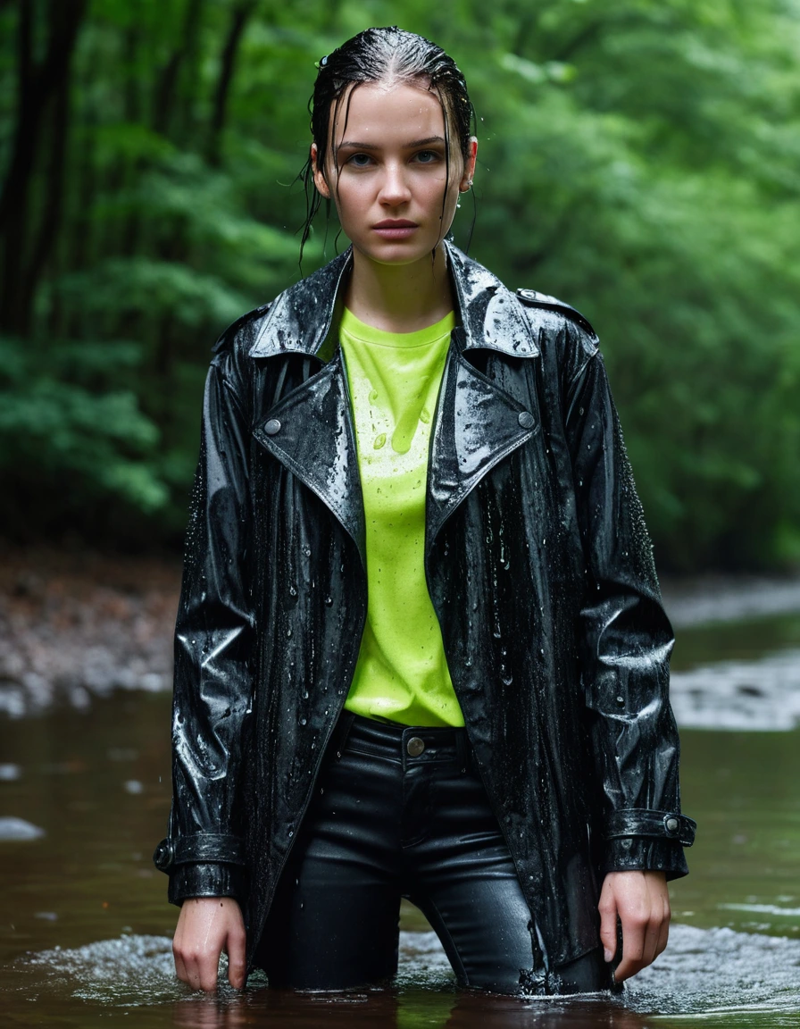professional photo of young woman in soaking wet, drenched clothes, wet clothes stuck to body, detailed textures of the wet clothes, wet face, wet plastered hair, wet, drenched, wet skin, damp fabric, wearing a water-drenched neon green oversize t-shirt, black leather jacket, saturated, black trench coat, skin tight black leather jeans, saturated, black leather ankle boots, soaked and glistening, standing in a river in a forest during heavy rain, streaming raindrops, high-contrast water cling, fabric transparency, water dripping from hem, storm aftermath atmosphere, cinematic lighting, close up, sharp focus, photorealistic, ultra-detailed fabric texture, realistic colors, RAW photo, professionally color graded