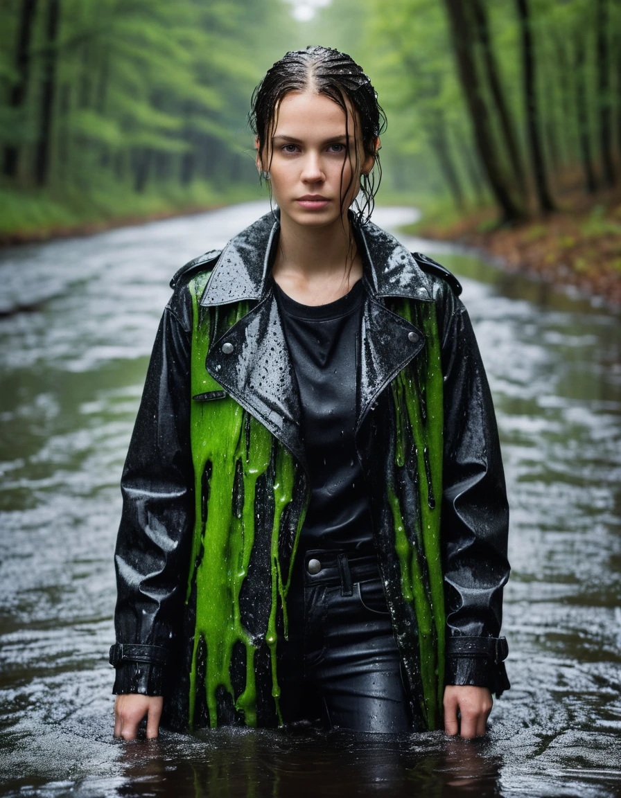professional photo of young woman, in soaking wet, drenched clothes, wet clothes stuck to body, detailed textures of the wet clothes, wet face, wet plastered hair, wet skin, damp fabric, wearing a water-drenched neon green oversize t-shirt, black leather jacket, and black trench coat, skin tight black leather jeans, saturated, black leather ankle boots, soaked and glistening, streaming raindrops, fabric transparency, high-contrast water cling, water dripping from hem, lying in a river in a snow covered forest, heavy rain, storm aftermath atmosphere, cinematic lighting, close up, sharp focus, photorealistic, ultra-detailed fabric texture, realistic colors, RAW photo, professionally color graded