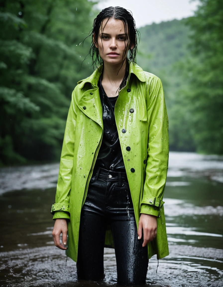 professional photo of young woman, in soaking wet, drenched clothes, wet clothes stuck to body, detailed textures of the wet clothes, wet face, wet plastered hair, wet skin, damp fabric, wearing a water-drenched neon green oversize t-shirt, a black leather jacket, and a black trench coat, with skin tight black leather jeans, saturated, and black leather ankle boots, soaked and glistening, standing in a river in a forest during heavy rain, streaming raindrops, fabric transparency, high-contrast water cling, water dripping from hem, storm aftermath atmosphere, cinematic lighting, sharp focus, photorealistic, ultra-detailed fabric texture, realistic colors, RAW photo, professionally color graded