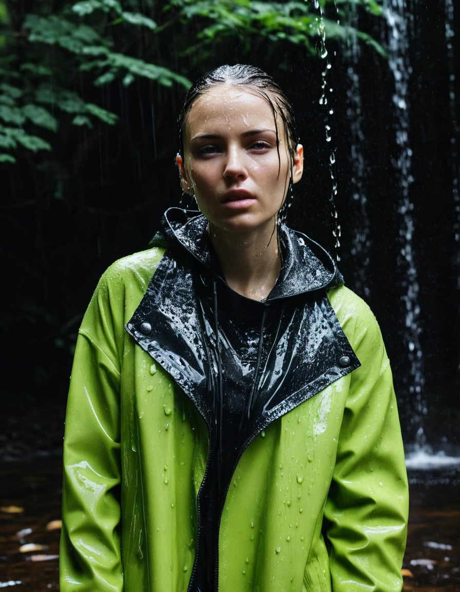 professional photo of young woman, in soaking wet, drenched clothes, wet clothes stuck to body, detailed textures of the wet clothes, wet face, wet plastered hair, wet, drenched, wet skin, damp fabric, streaming raindrops, fabric transparency, high-contrast water cling, water dripping from hem, wearing a water-drenched neon green oversize t-shirt, black leather jacket, saturated, black trench coat, skin tight black leather jeans, saturated, black leather ankle boots, soaked and glistening, standing under a waterfall in a forest, heavy rain, water pouring over the model, cinematic lighting, storm aftermath atmosphere, sharp focus, photorealistic, ultra-detailed fabric texture, realistic colors, RAW photo, professionally color graded