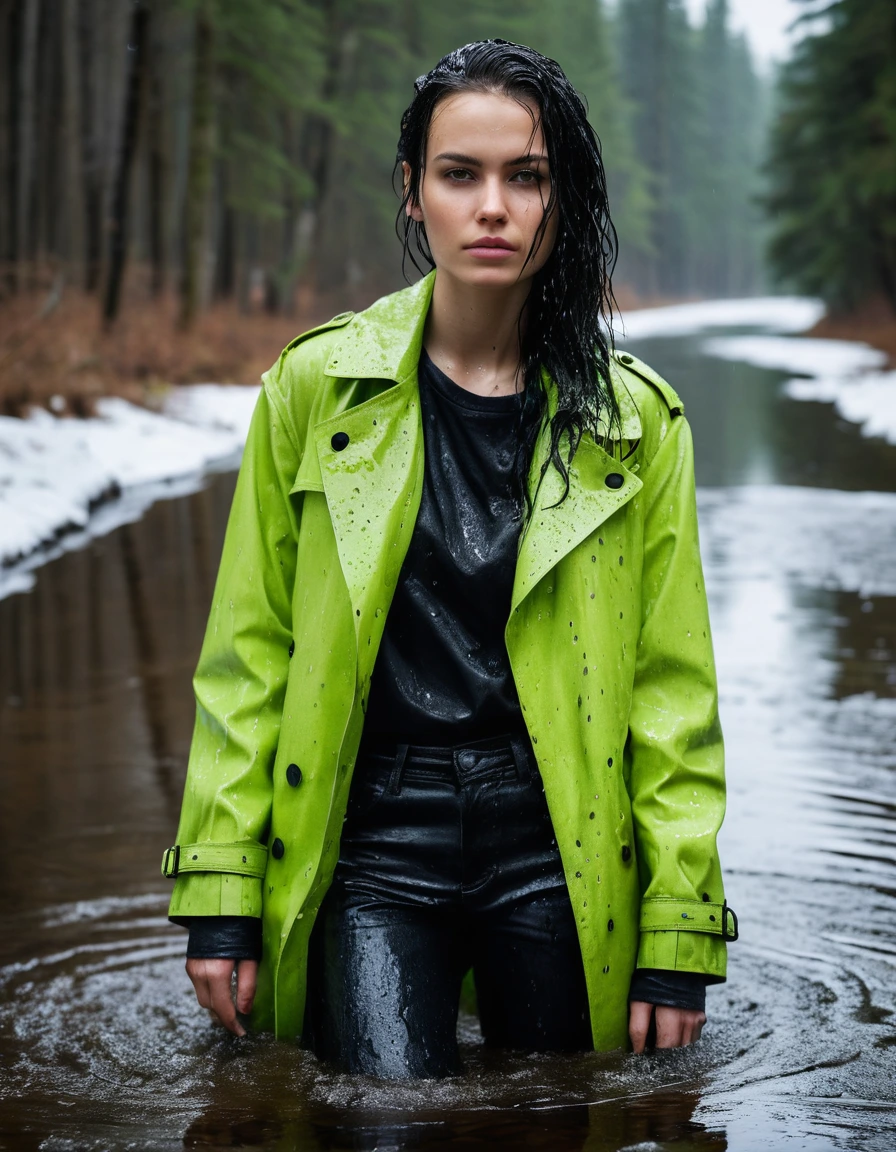 professional photo of young woman, in soaking wet, drenched clothes, wet clothes stuck to body, detailed textures of the wet clothes, wet face, wet plastered hair, wet, drenched, wet skin, damp fabric, wearing a water-drenched neon green oversize t-shirt, black leather jacket, saturated, black trench coat, skin tight black leather jeans, saturated, black leather ankle boots, soaked and glistening, lying in a river in a snow covered forest, heavy rain, streaming raindrops, fabric transparency, high-contrast water cling, water dripping from hem, storm aftermath atmosphere, cinematic lighting, sharp focus, photorealistic, ultra-detailed fabric texture, realistic colors, RAW photo, professionally color graded