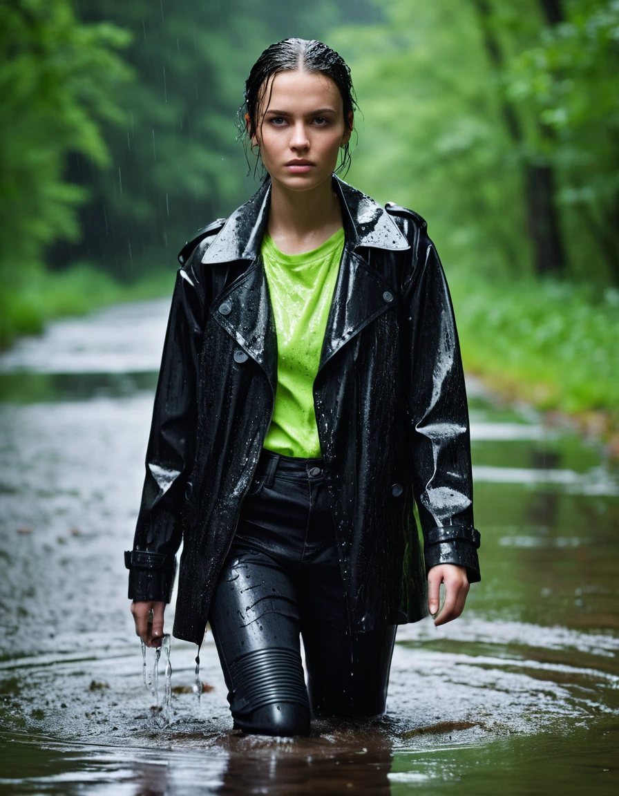 professional photo of young woman, in soaking wet, drenched clothes, wet clothes stuck to body, detailed textures of the wet clothes, wet face, wet plastered hair, wet, drenched, wet skin, damp fabric, water-drenched neon green oversize t-shirt, black leather jacket, saturated, black trench coat, skin tight black leather jeans, saturated, black leather ankle boots, soaked and glistening, fabric transparency, high-contrast water cling, water dripping from hem, standing in a river in a forest, heavy rain, streaming raindrops, storm aftermath atmosphere, cinematic lighting, close up, sharp focus, photorealistic, ultra-detailed fabric texture, realistic colors, RAW photo, professionally color graded