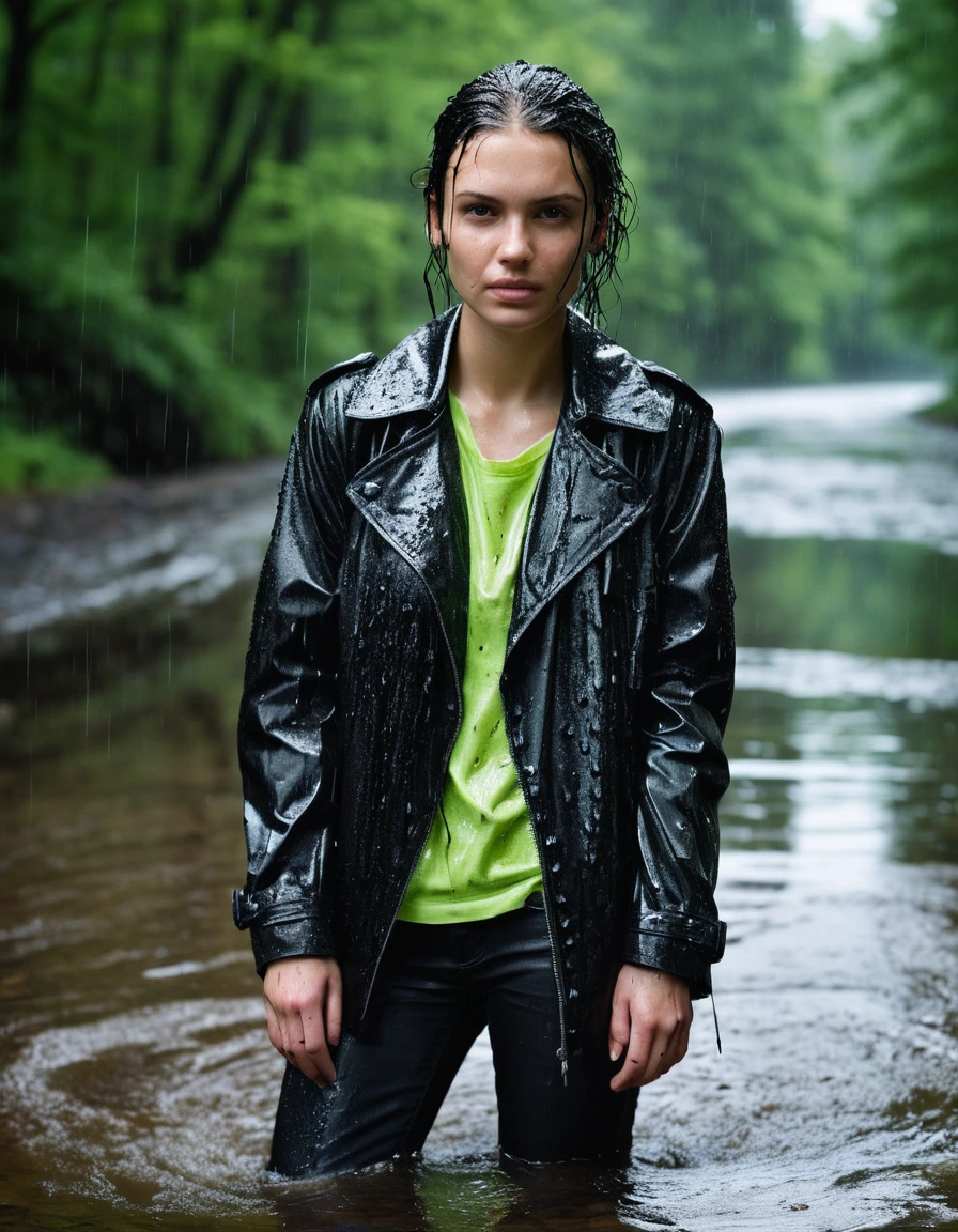 professional photo of young woman, in soaking wet, drenched clothes, wet clothes stuck to body, detailed textures of the wet clothes, wet face, wet plastered hair, wet, drenched, wet skin, damp fabric, water-drenched neon green oversize t-shirt, black leather jacket, saturated, black trench coat, skin tight black leather jeans, saturated, black leather ankle boots, soaked and glistening, fabric transparency, high-contrast water cling, water dripping from hem, standing in a river in a forest, heavy rain, streaming raindrops, storm aftermath atmosphere, cinematic lighting, close up, sharp focus, photorealistic, ultra-detailed fabric texture, realistic colors, RAW photo, professionally color graded