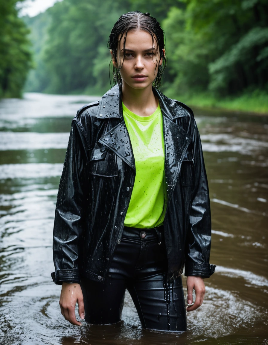 professional photo of young woman, in soaking wet, drenched clothes, wet clothes stuck to body, detailed textures of the wet clothes, wet face, wet plastered hair, wet, drenched, wet skin, damp fabric, standing in a river in a forest, wearing a water-drenched neon green oversize t-shirt, black leather jacket, black trench coat, skin tight black leather jeans, saturated, black leather ankle boots, soaked and glistening, heavy rain, streaming raindrops, fabric transparency, high-contrast water cling, storm aftermath atmosphere, cinematic lighting, sharp focus, photorealistic, ultra-detailed fabric texture, realistic colors, RAW photo, professionally color graded