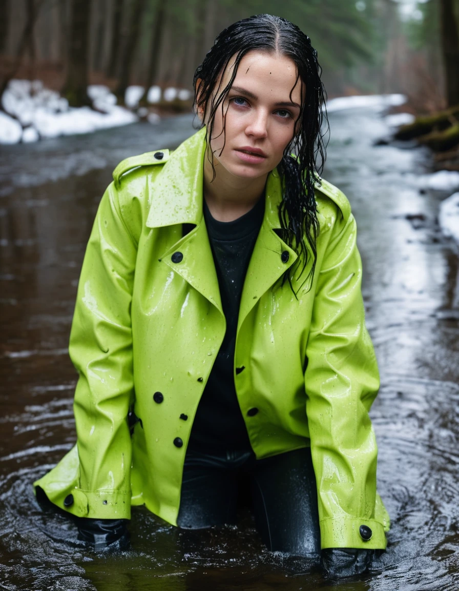 professional photo of young woman, in soaking wet, drenched clothes, wet clothes stuck to body, detailed textures of the wet clothes, wet face, wet plastered hair, wet skin, damp fabric, wearing a water-drenched neon green oversize t-shirt, black leather jacket, saturated, black trench coat, skin tight black leather jeans, saturated, black leather ankle boots, soaked and glistening, lying in a river in a snow covered forest, heavy rain, storm aftermath atmosphere, streaming raindrops, fabric transparency, high-contrast water cling, water dripping from hem, cinematic lighting, close up, sharp focus, photorealistic, ultra-detailed fabric texture, realistic colors, RAW photo, professionally color graded