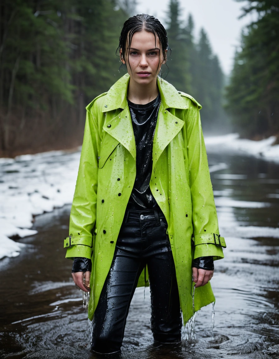 professional photo of young woman, in soaking wet, drenched clothes, wet clothes stuck to body, detailed textures of the wet clothes, wet face, wet plastered hair, wet skin, damp fabric, wearing a water-drenched neon green oversize t-shirt, a black leather jacket, and a black trench coat, skin tight black leather jeans, saturated, black leather ankle boots, soaked and glistening, streaming raindrops, fabric transparency, high-contrast water cling, water dripping from hem, lying in a river in a snow covered forest, heavy rain, storm aftermath atmosphere, cinematic lighting, close up, sharp focus, photorealistic, ultra-detailed fabric texture, realistic colors, RAW photo, professionally color graded