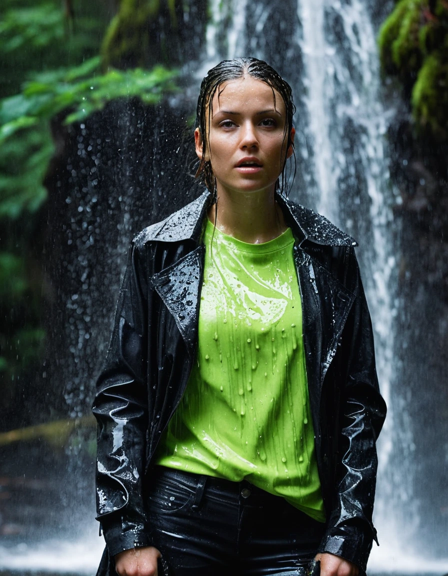 professional photo of young woman, in soaking wet, drenched clothes, wet clothes stuck to body, detailed textures of the wet clothes, wet face, wet plastered hair, wet, drenched, wet skin, damp fabric, streaming raindrops, fabric transparency, high-contrast water cling, water dripping from hem, wearing a water-drenched neon green oversize t-shirt, black leather jacket, saturated, black trench coat, skin tight black leather jeans, saturated, black leather ankle boots, soaked and glistening, standing under a waterfall in a forest, heavy rain, water pouring over the model, storm aftermath atmosphere, cinematic lighting, close up, sharp focus, photorealistic, ultra-detailed fabric texture, realistic colors, RAW photo, professionally color graded