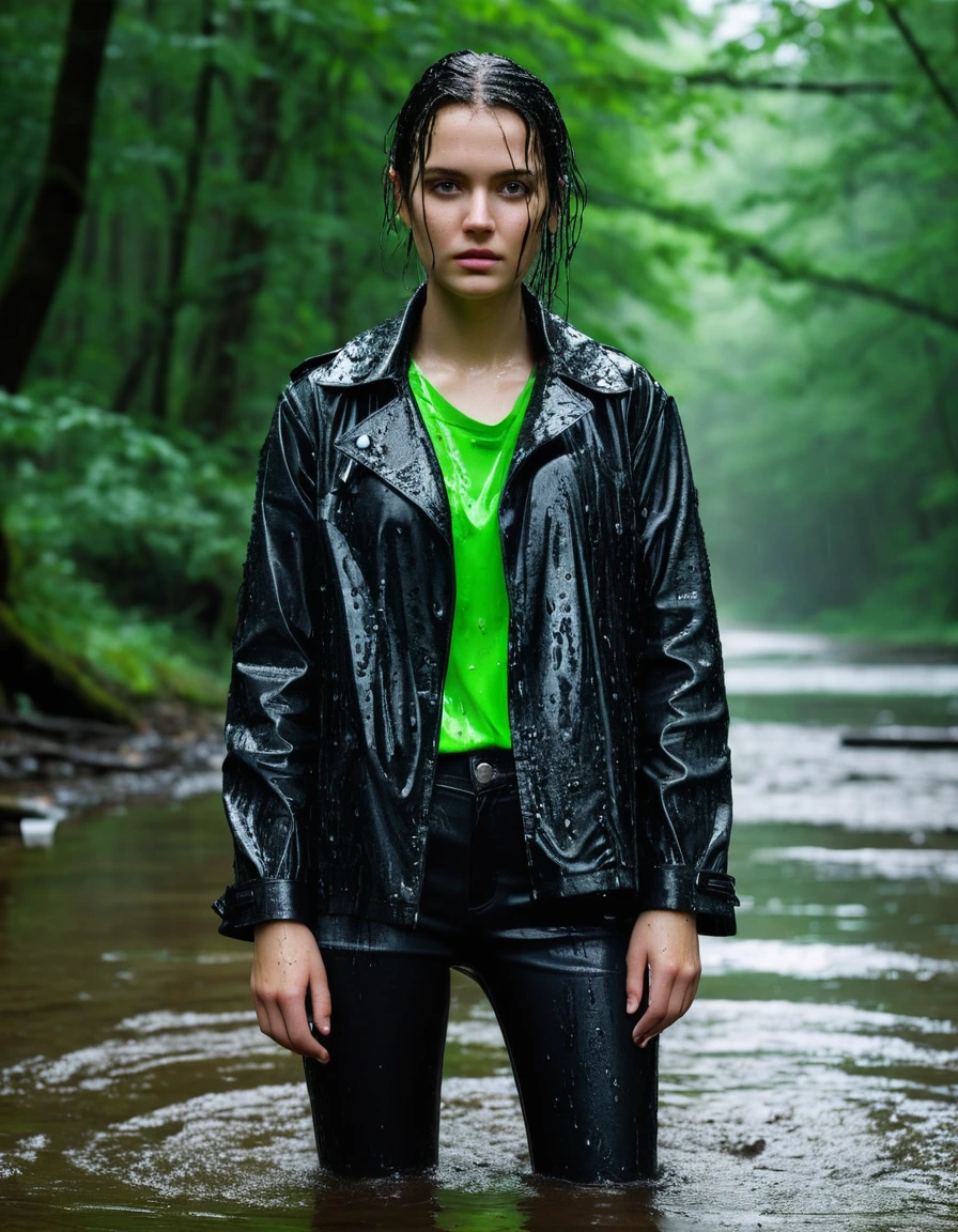 professional photo of young woman, in soaking wet, drenched clothes, wet clothes stuck to body, detailed textures of the wet clothes, wet face, wet plastered hair, wet, drenched, wet skin, damp fabric, standing in a river in a forest during heavy rain, water-drenched neon green oversize t-shirt, black leather jacket, saturated, black trench coat, skin tight black leather jeans, saturated, black leather ankle boots, soaked and glistening, streaming raindrops, fabric transparency, high-contrast water cling, storm aftermath atmosphere, water dripping from hem, close up, cinematic lighting, sharp focus, photorealistic, ultra-detailed fabric texture, realistic colors, RAW photo, professionally color graded