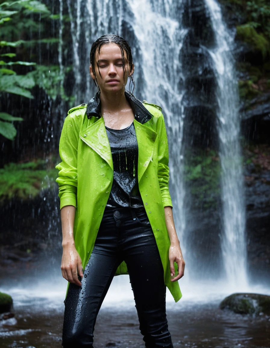 professional photo of young woman, in soaking wet, drenched clothes, wet clothes stuck to body, detailed textures of the wet clothes, wet face, wet plastered hair, wet, drenched, wet skin, damp fabric, streaming raindrops, fabric transparency, high-contrast water cling, water dripping from hem, wearing a water-drenched neon green oversize t-shirt, black leather jacket, saturated, black trench coat, skin tight black leather jeans, saturated, and black leather ankle boots, soaked and glistening, standing under a waterfall in a forest, heavy rain, water pouring over the model, storm aftermath atmosphere, cinematic lighting, close up, sharp focus, photorealistic, ultra-detailed fabric texture, realistic colors, RAW photo, professionally color graded