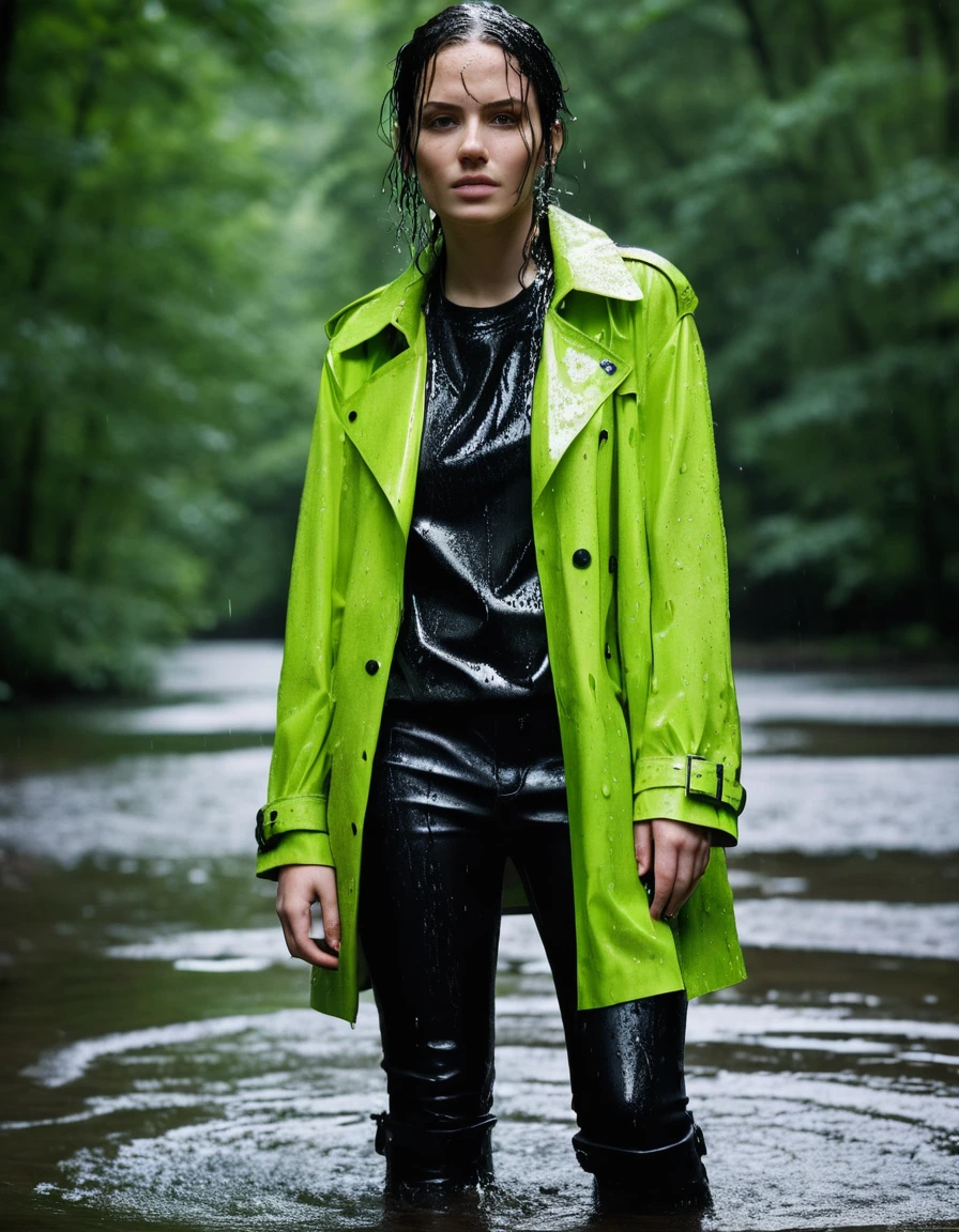 professional photo of young woman, in soaking wet, drenched clothes, wet clothes stuck to body, detailed textures of the wet clothes, wet face, wet plastered hair, wet, drenched, wet skin, damp fabric, water-drenched neon green oversize t-shirt, black leather jacket, saturated, black trench coat, skin tight black leather jeans, saturated, black leather ankle boots, soaked and glistening, fabric transparency, high-contrast water cling, water dripping from hem, standing in a river in a forest, heavy rain, streaming raindrops, storm aftermath atmosphere, cinematic lighting, sharp focus, photorealistic, ultra-detailed fabric texture, realistic colors, RAW photo, professionally color graded
