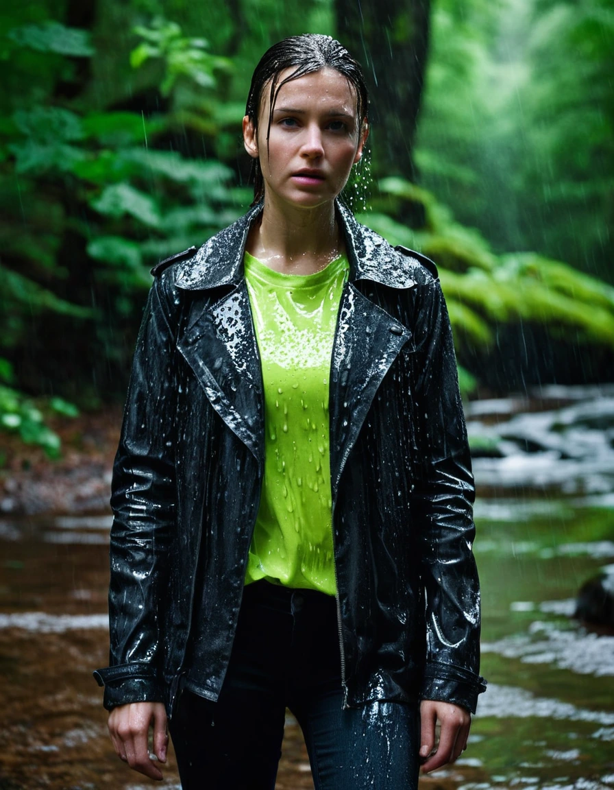 professional photo of young woman, in soaking wet, drenched clothes, wet clothes stuck to body, detailed textures of the wet clothes, wet face, wet plastered hair, wet, drenched, wet skin, damp fabric, streaming raindrops, fabric transparency, high-contrast water cling, water dripping from hem, wearing a water-drenched neon green oversize t-shirt, black leather jacket, saturated, black trench coat, skin tight black leather jeans, saturated, black leather ankle boots, soaked and glistening, standing under a waterfall in a forest, heavy rain, water pouring over the model, cinematic lighting, storm aftermath atmosphere, close up, sharp focus, photorealistic, ultra-detailed fabric texture, realistic colors, RAW photo, professionally color graded