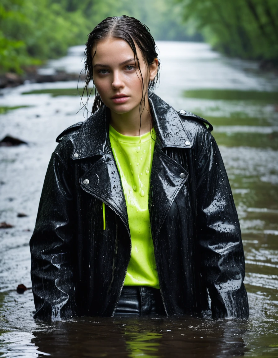 professional photo of young woman, in soaking wet, drenched clothes, wet clothes stuck to body, detailed textures of the wet clothes, wet face, wet plastered hair, wet skin, damp fabric, wearing a water-drenched neon green oversize t-shirt, black leather jacket, saturated, black trench coat, skin tight black leather jeans, saturated, black leather ankle boots, soaked and glistening, lying in a river in a snow covered forest, heavy rain, streaming raindrops, fabric transparency, high-contrast water cling, water dripping from hem, storm aftermath atmosphere, cinematic lighting, sharp focus, photorealistic, ultra-detailed fabric texture, realistic colors, RAW photo, professionally color graded