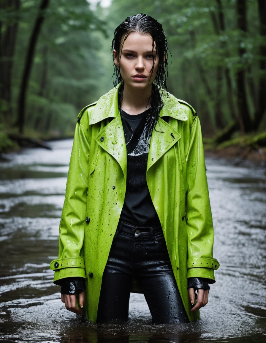 professional photo of young woman, in soaking wet, drenched clothes, wet clothes stuck to body, detailed textures of the wet clothes, wet face, wet plastered hair, wet, drenched, wet skin, damp fabric, wearing a water-drenched neon green oversize t-shirt, black leather jacket, saturated, black trench coat, skin tight black leather jeans, saturated, black leather ankle boots, soaked and glistening, lying in a river in a snow covered forest, heavy rain, streaming raindrops, fabric transparency, high-contrast water cling, water dripping from hem, storm aftermath atmosphere, cinematic lighting, sharp focus, photorealistic, ultra-detailed fabric texture, realistic colors, RAW photo, professionally color graded