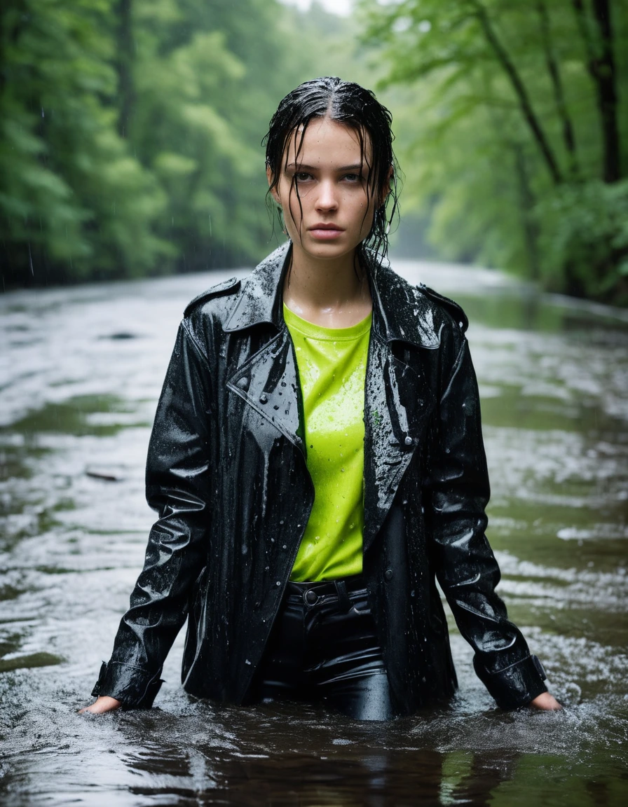 professional photo of young woman, in soaking wet, drenched clothes, wet clothes stuck to body, detailed textures of the wet clothes, wet face, wet plastered hair, wet, drenched, wet skin, damp fabric, wearing a water-drenched neon green oversize t-shirt, black leather jacket, saturated, black trench coat, skin tight black leather jeans, saturated, and black leather ankle boots, soaked and glistening, lying in a river in a snow covered forest, heavy rain, streaming raindrops, fabric transparency, high-contrast water cling, water dripping from hem, storm aftermath atmosphere, cinematic lighting, sharp focus, photorealistic, ultra-detailed fabric texture, realistic colors, RAW photo, professionally color graded