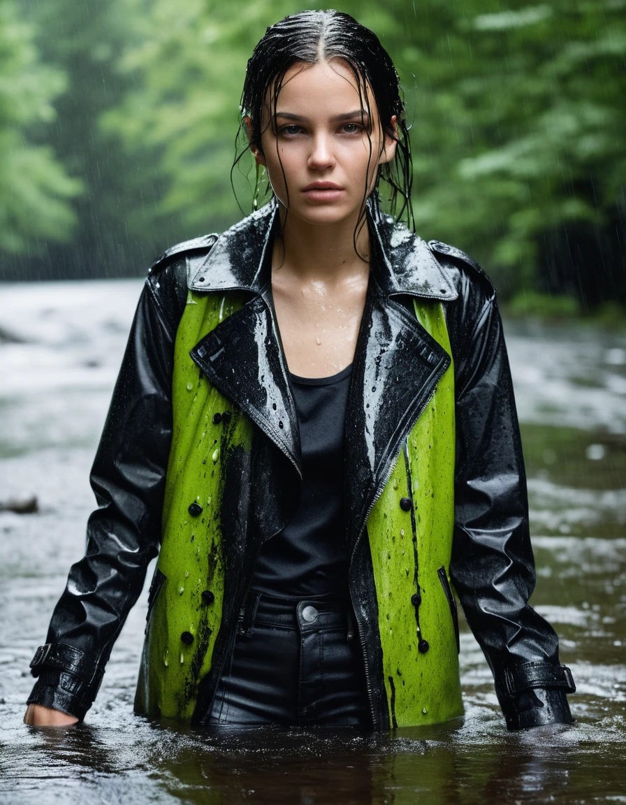 professional photo of young woman, in soaking wet, drenched clothes, wet clothes stuck to body, detailed textures of the wet clothes, wet face, wet plastered hair, wet skin, damp fabric, water-drenched neon green oversize t-shirt, saturated black leather jacket, saturated black trench coat, skin tight black leather jeans, saturated, black leather ankle boots, soaked and glistening, lying in a river, streaming raindrops, fabric transparency, high-contrast water cling, water dripping from hem, snow covered forest background, heavy rain, storm aftermath atmosphere, cinematic lighting, close up, sharp focus, photorealistic, ultra-detailed fabric texture, realistic colors, RAW photo, professionally color graded
