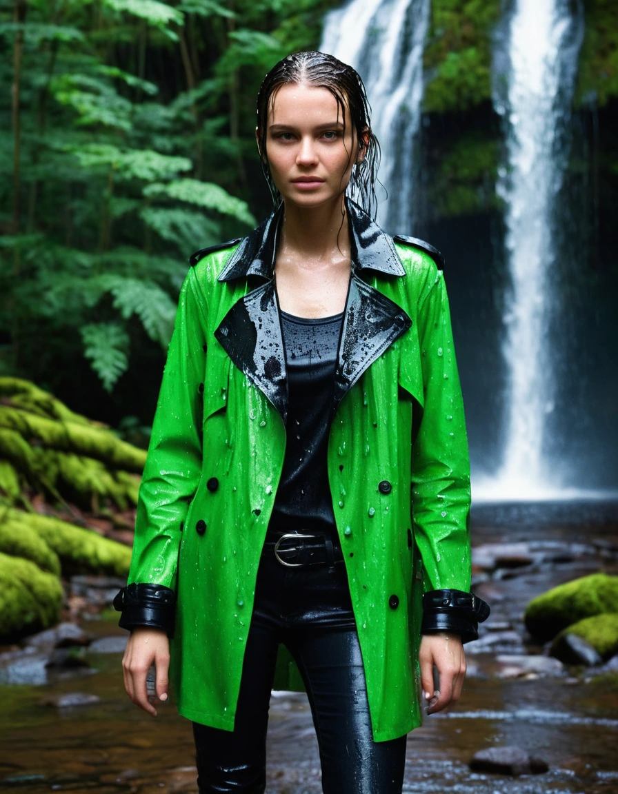 professional photo of young woman, in soaking wet, drenched clothes, wet clothes stuck to body, detailed textures of the wet clothes, wet face, wet plastered hair, wet, drenched, wet skin, damp fabric, water-drenched neon green oversize t-shirt, black leather jacket, saturated, black trench coat, skin tight black leather jeans, saturated, black leather ankle boots, soaked and glistening, fabric transparency, high-contrast water cling, water dripping from hem, streaming raindrops, standing under a waterfall in a forest, heavy rain, water pouring over the model, storm aftermath atmosphere, cinematic lighting, full body view, detailed fabric texture, sharp focus, photorealistic, ultra-detailed fabric texture, realistic colors, RAW photo, professionally color graded