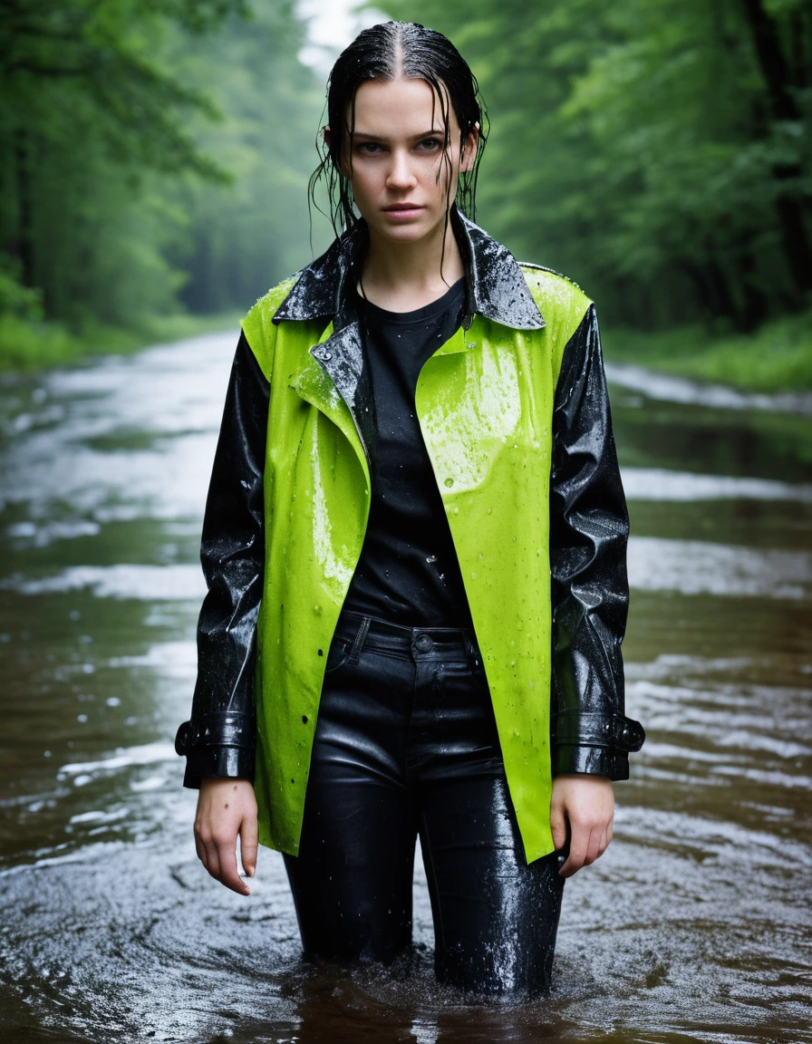 professional photo of young woman, in soaking wet, drenched clothes, wet clothes stuck to body, detailed textures of the wet clothes, wet face, wet plastered hair, wet skin, damp fabric, wearing a water-drenched neon green oversize t-shirt, a black leather jacket, and a black trench coat, skin tight black leather jeans, saturated, black leather ankle boots, soaked and glistening, lying in a river in a snow covered forest, heavy rain, streaming raindrops, fabric transparency, high-contrast water cling, water dripping from hem, storm aftermath atmosphere, cinematic lighting, close up, sharp focus, photorealistic, ultra-detailed fabric texture, realistic colors, RAW photo, professionally color graded