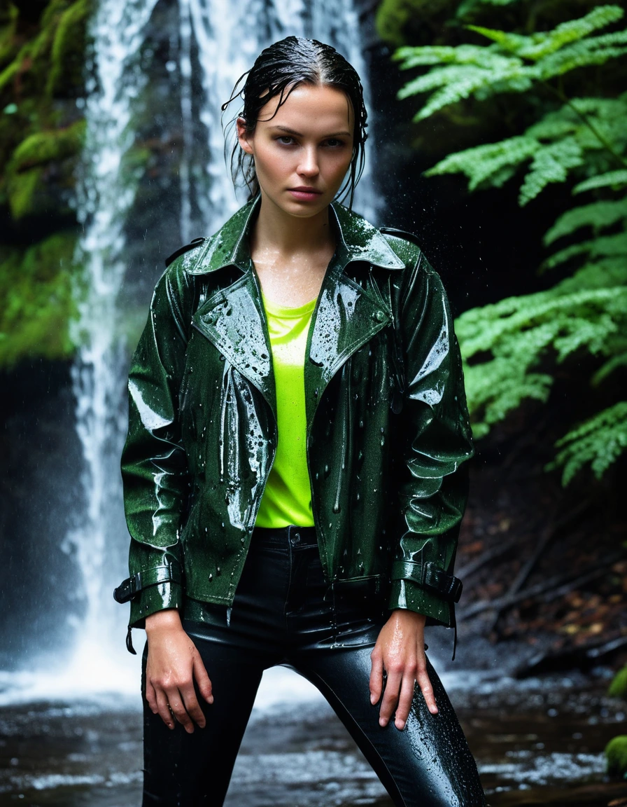 professional photo of young woman, in soaking wet, drenched clothes, wet clothes stuck to body, detailed textures of the wet clothes, wet face, wet plastered hair, wet, drenched, wet skin, damp fabric, wearing a water-drenched neon green oversize t-shirt, black leather jacket, saturated, black trench coat, skin tight black leather jeans, saturated, black leather ankle boots, soaked and glistening, standing under a waterfall in a forest, water pouring over, heavy rain, streaming raindrops, fabric transparency, high-contrast water cling, storm aftermath atmosphere, cinematic lighting, sharp focus, photorealistic, ultra-detailed fabric texture, realistic colors, RAW photo, professionally color graded