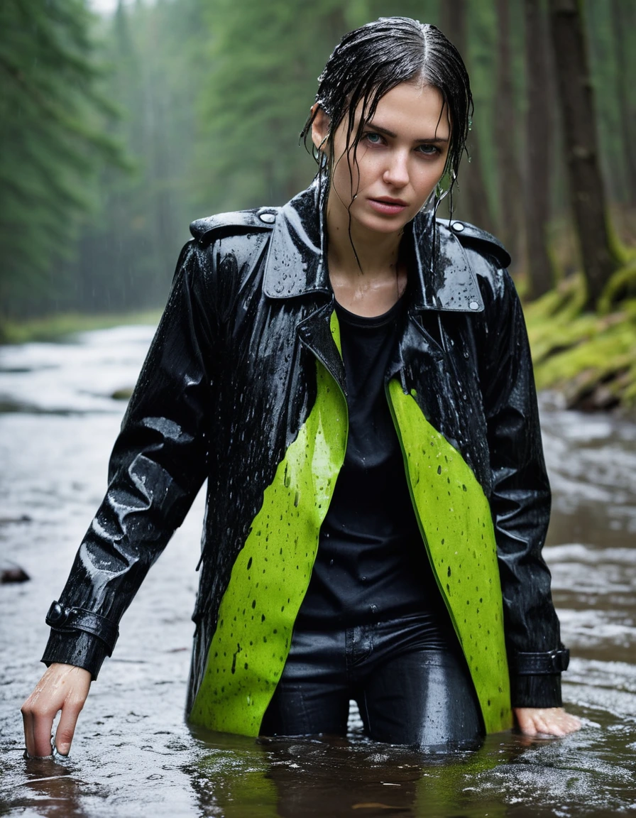 professional photo of young woman, in soaking wet, drenched clothes, wet clothes stuck to body, detailed textures of the wet clothes, wet face, wet plastered hair, wet, drenched, wet skin, damp fabric, water-drenched neon green oversize t-shirt, black leather jacket, saturated, black trench coat, skin tight black leather jeans, saturated, black leather ankle boots, soaked and glistening, lying in a river in a snow covered forest, heavy rain, storm aftermath atmosphere, streaming raindrops, fabric transparency, high-contrast water cling, water dripping from hem, cinematic lighting, close up, sharp focus, photorealistic, ultra-detailed fabric texture, realistic colors, RAW photo, professionally color graded