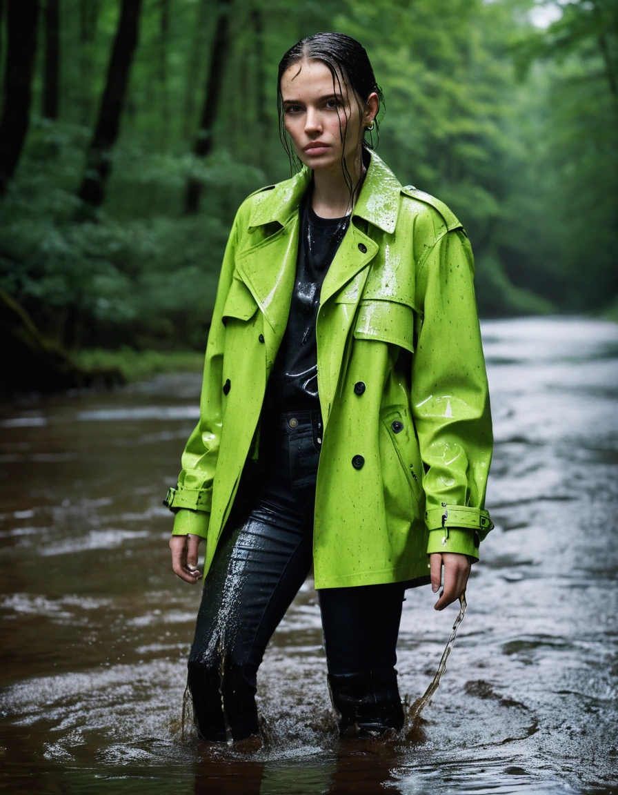 professional photo of young woman, in soaking wet, drenched clothes, wet clothes stuck to body, detailed textures of the wet clothes, wet face, wet plastered hair, wet, drenched, wet skin, damp fabric, water-drenched neon green oversize t-shirt, black leather jacket, saturated, black trench coat, skin tight black leather jeans, saturated, black leather ankle boots, soaked and glistening, fabric transparency, high-contrast water cling, water dripping from hem, standing in a river in a forest, heavy rain, storm aftermath atmosphere, streaming raindrops, cinematic lighting, full body view, detailed fabric texture, sharp focus, photorealistic, ultra-detailed fabric texture, realistic colors, RAW photo, professionally color graded