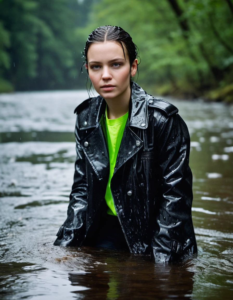 professional photo of young woman, in soaking wet, drenched clothes, wet clothes stuck to body, detailed textures of the wet clothes, wet face, wet plastered hair, wet skin, damp fabric, water-drenched neon green oversize t-shirt, saturated black leather jacket, saturated black trench coat, skin tight black leather jeans, saturated, black leather ankle boots, soaked and glistening, lying in a river in a snow covered forest, heavy rain, streaming raindrops, fabric transparency, high-contrast water cling, water dripping from hem, storm aftermath atmosphere, cinematic lighting, full body view, sharp focus, photorealistic, ultra-detailed fabric texture, realistic colors, RAW photo, professionally color graded