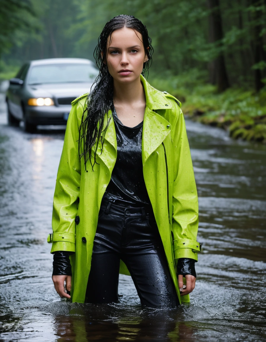 professional photo of young woman, in soaking wet, drenched clothes, wet clothes stuck to body, detailed textures of the wet clothes, wet face, wet plastered hair, wet skin, damp fabric, wearing a water-drenched neon green oversize t-shirt, black leather jacket, saturated, black trench coat, skin tight black leather jeans, saturated, black leather ankle boots, soaked and glistening, lying in a river in a snow covered forest, heavy rain, storm aftermath atmosphere, streaming raindrops, fabric transparency, high-contrast water cling, water dripping from hem, cinematic lighting, sharp focus, photorealistic, ultra-detailed fabric texture, realistic colors, RAW photo, professionally color graded
