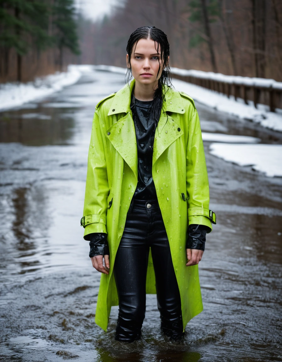 professional photo of young woman, in soaking wet, drenched clothes, wet clothes stuck to body, detailed textures of the wet clothes, wet face, wet plastered hair, wet skin, damp fabric, wearing a water-drenched neon green oversize t-shirt, black leather jacket, and black trench coat, skin tight black leather jeans, saturated, black leather ankle boots, soaked and glistening, streaming raindrops, fabric transparency, high-contrast water cling, water dripping from hem, lying in a river in a snow covered forest, heavy rain, storm aftermath atmosphere, cinematic lighting, close up, sharp focus, photorealistic, ultra-detailed fabric texture, realistic colors, RAW photo, professionally color graded