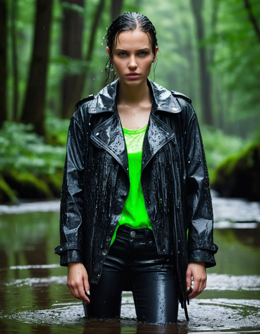 professional photo of young woman, in soaking wet, drenched clothes, wet clothes stuck to body, detailed textures of the wet clothes, wet face, wet plastered hair, wet, drenched, wet skin, damp fabric, water-drenched neon green oversize t-shirt, black leather jacket, saturated, black trench coat, skin tight black leather jeans, saturated, black leather ankle boots, soaked and glistening, streaming raindrops, fabric transparency, high-contrast water cling, water dripping from hem, standing in a river in a forest, heavy rain, storm aftermath atmosphere, cinematic lighting, sharp focus, photorealistic, ultra-detailed fabric texture, realistic colors, RAW photo, professionally color graded