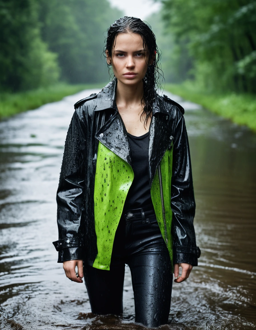 professional photo of young woman, in soaking wet, drenched clothes, wet clothes stuck to body, detailed textures of the wet clothes, wet face, wet plastered hair, wet, drenched, wet skin, damp fabric, wearing a water-drenched neon green oversize t-shirt, black leather jacket, saturated, black trench coat, skin tight black leather jeans, saturated, black leather ankle boots, soaked and glistening, streaming raindrops, fabric transparency, high-contrast water cling, water dripping from hem, standing in a river in a forest, heavy rain, storm aftermath atmosphere, cinematic lighting, sharp focus, photorealistic, ultra-detailed fabric texture, realistic colors, RAW photo, professionally color graded