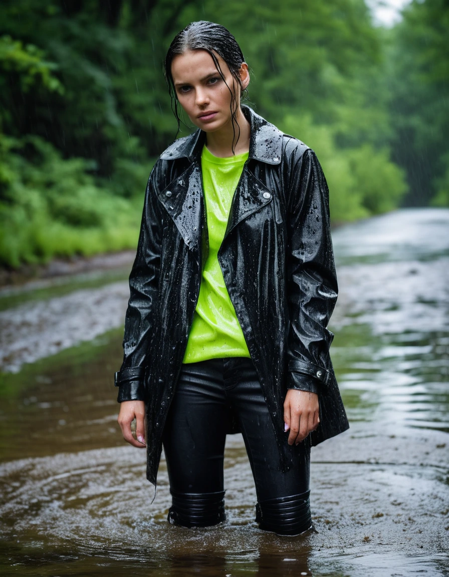 professional photo of young woman, in soaking wet, drenched clothes, wet clothes stuck to body, detailed textures of the wet clothes, wet face, wet plastered hair, wet, drenched, wet skin, damp fabric, water-drenched neon green oversize t-shirt, black leather jacket, saturated, black trench coat, skin tight black leather jeans, saturated, black leather ankle boots, soaked and glistening, fabric transparency, high-contrast water cling, water dripping from hem, standing in a river in a forest, heavy rain, streaming raindrops, storm aftermath atmosphere, cinematic lighting, close up, sharp focus, photorealistic, ultra-detailed fabric texture, realistic colors, RAW photo, professionally color graded