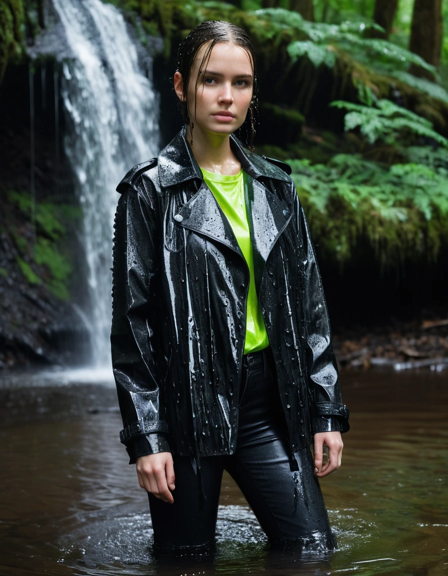 professional photo of young woman in soaking wet, drenched clothes, wet clothes stuck to body, detailed textures of the wet clothes, wet face, wet plastered hair, wet, drenched, wet skin, damp fabric, black leather ankle boots, soaked and glistening, skin tight black leather jeans, saturated, water-drenched neon green oversize t-shirt, black leather jacket, saturated, black trench coat, fabric transparency, high-contrast water cling, water dripping from hem, standing under a waterfall in a forest, heavy rain, streaming raindrops, storm aftermath atmosphere, cinematic lighting, close up, full body view, detailed fabric texture, sharp focus, photorealistic, ultra-detailed fabric texture, realistic colors, RAW photo, professionally color graded