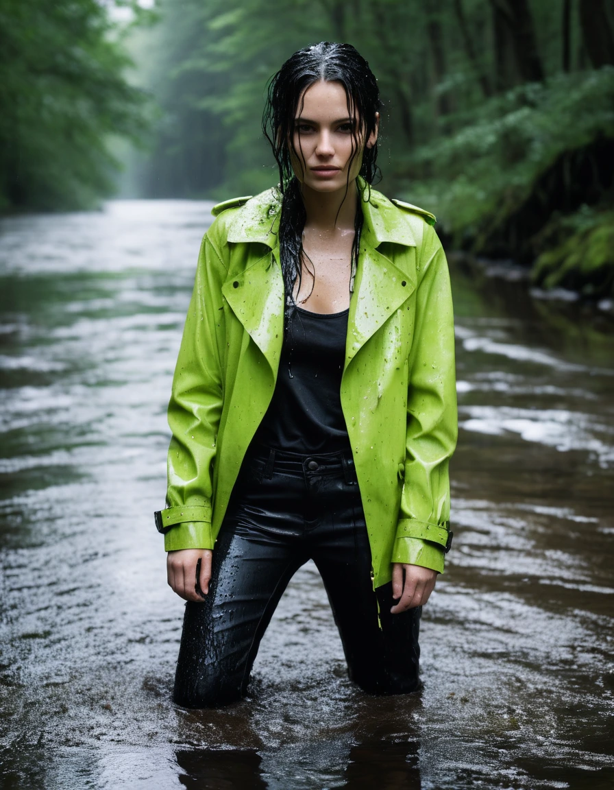 professional photo of young woman, in soaking wet, drenched clothes, wet clothes stuck to body, detailed textures of the wet clothes, wet face, wet plastered hair, wet, drenched, wet skin, damp fabric, wearing a water-drenched neon green oversize t-shirt, saturated black leather jacket, saturated black trench coat, skin tight black leather jeans, saturated, black leather ankle boots, soaked and glistening, lying in a river in a snow covered forest, heavy rain, streaming raindrops, fabric transparency, high-contrast water cling, water dripping from hem, storm aftermath atmosphere, cinematic lighting, sharp focus, photorealistic, ultra-detailed fabric texture, realistic colors, RAW photo, professionally color graded