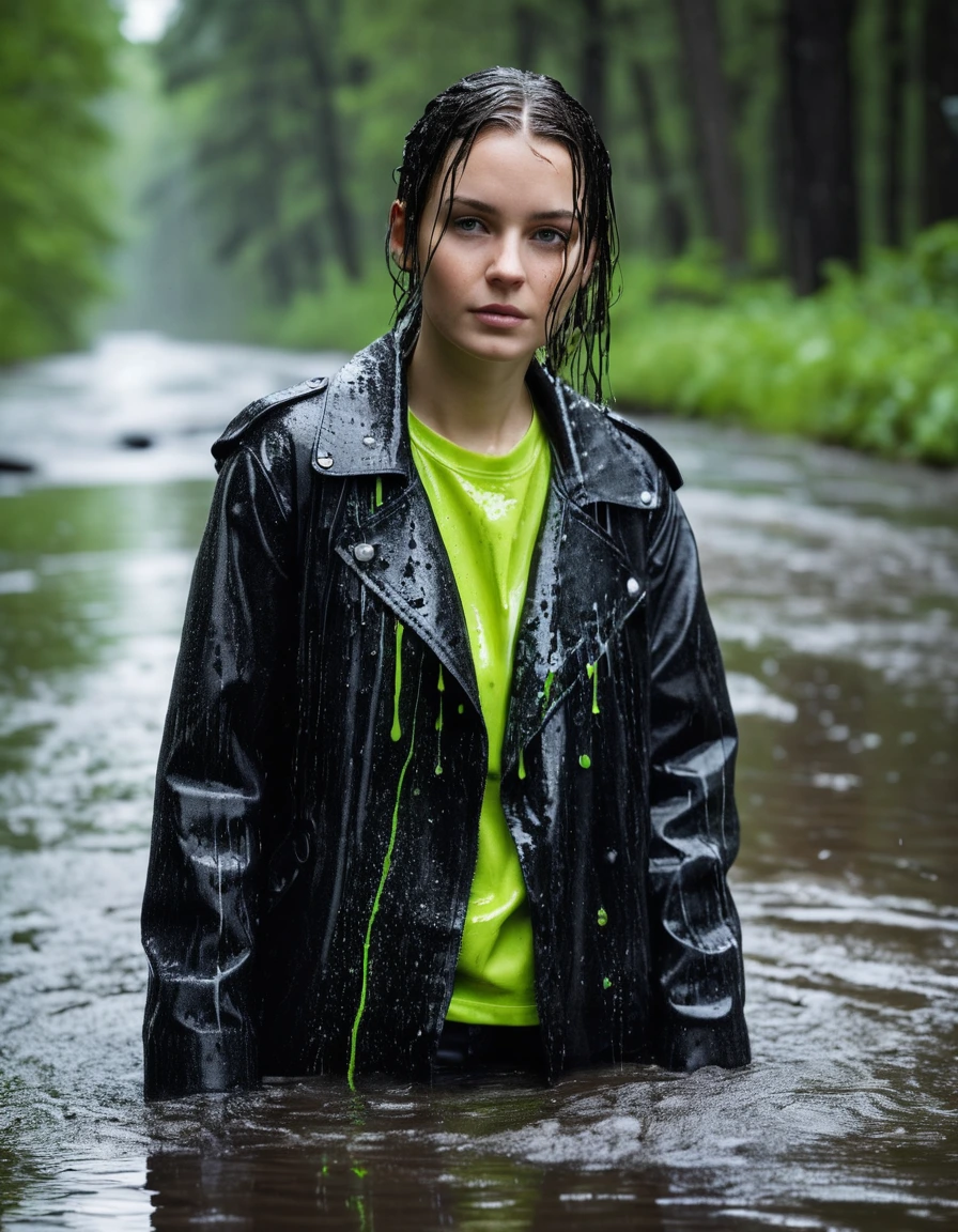 professional photo of young woman, in soaking wet, drenched clothes, wet clothes stuck to body, detailed textures of the wet clothes, wet face, wet plastered hair, wet skin, damp fabric, wearing a water-drenched neon green oversize t-shirt, black leather jacket, black trench coat, skin tight black leather jeans, saturated, black leather ankle boots, soaked and glistening, streaming raindrops, fabric transparency, high-contrast water cling, water dripping from hem, lying in a river in a snow covered forest, heavy rain, storm aftermath atmosphere, cinematic lighting, close up, sharp focus, photorealistic, ultra-detailed fabric texture, realistic colors, RAW photo, professionally color graded