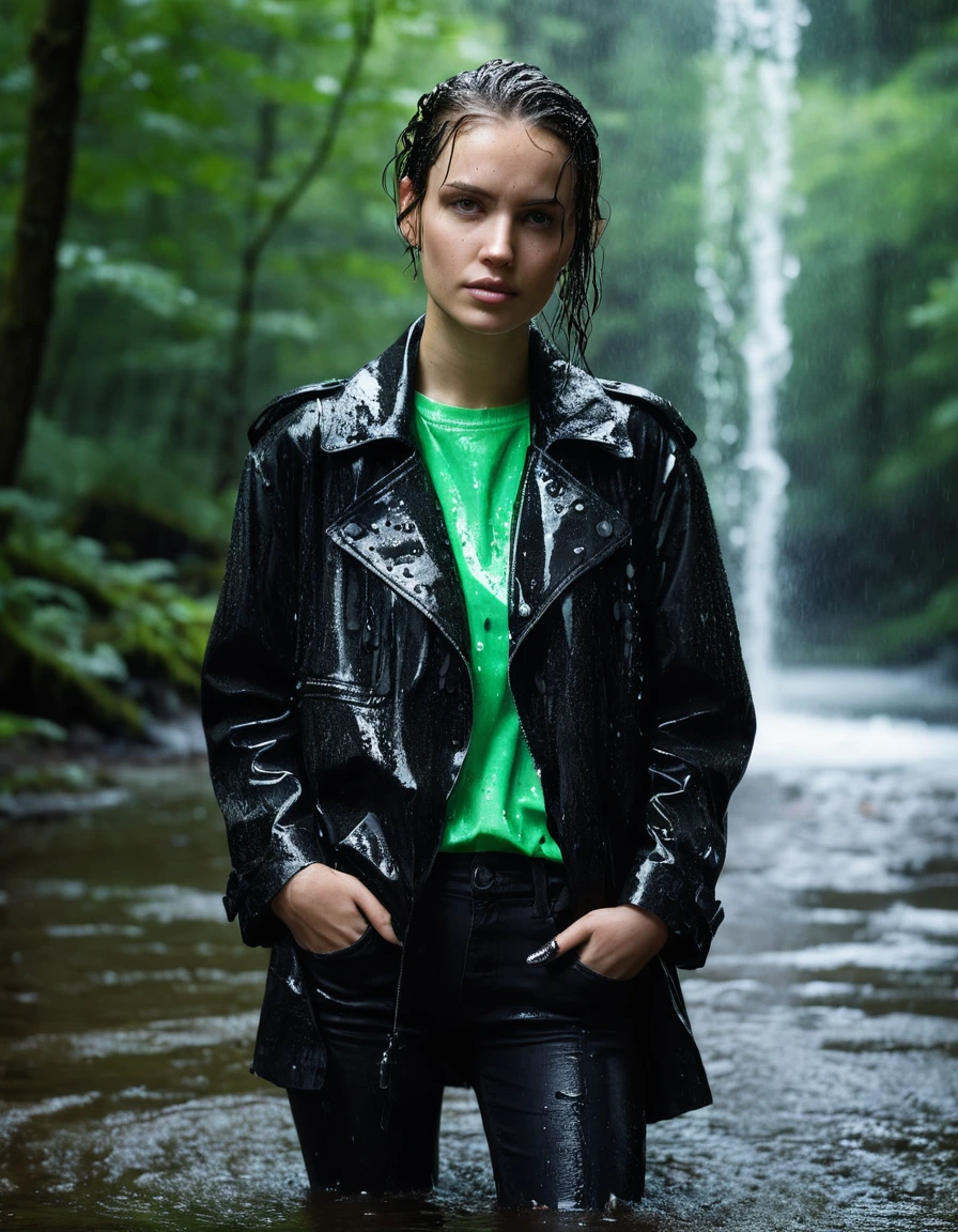 professional photo of young woman, in soaking wet, drenched clothes, wet clothes stuck to body, detailed textures of the wet clothes, wet face, wet plastered hair, wet, drenched, wet skin, damp fabric, water-drenched neon green oversize t-shirt, black leather jacket, black trench coat, skin tight black leather jeans, black leather ankle boots, standing under a waterfall in a forest, heavy rain, water pouring over the model, streaming raindrops, fabric transparency, high-contrast water cling, water dripping from hem, storm aftermath atmosphere, cinematic lighting, close up, sharp focus, photorealistic, ultra-detailed fabric texture, realistic colors, RAW photo, professionally color graded