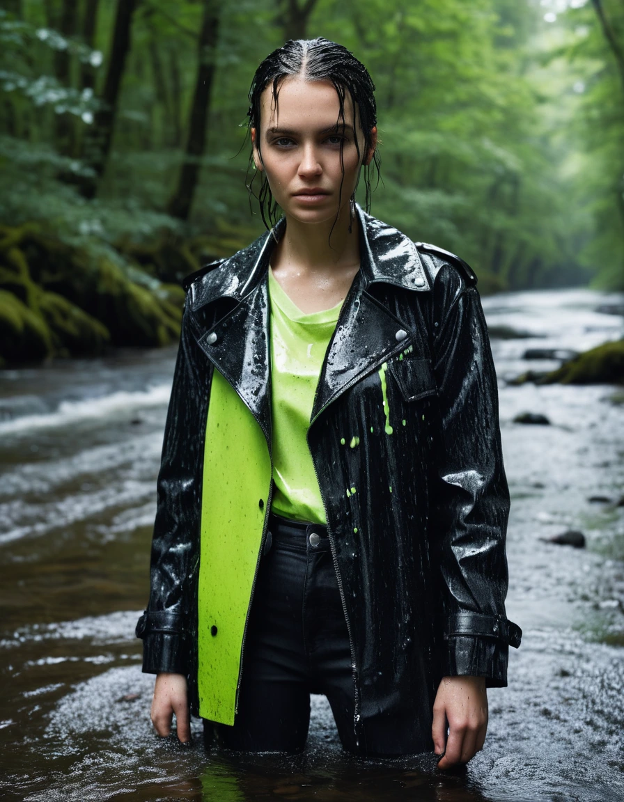 professional photo of young woman, in soaking wet, drenched clothes, wet clothes stuck to body, detailed textures of the wet clothes, wet face, wet plastered hair, wet, drenched, wet skin, damp fabric, wearing a water-drenched neon green oversize t-shirt, black leather jacket, saturated, black trench coat, skin tight black leather jeans, saturated, black leather ankle boots, soaked and glistening, lying in a river in a snow covered forest, heavy rain, streaming raindrops, fabric transparency, high-contrast water cling, water dripping from hem, storm aftermath atmosphere, cinematic lighting, sharp focus, photorealistic, ultra-detailed fabric texture, realistic colors, RAW photo, professionally color graded