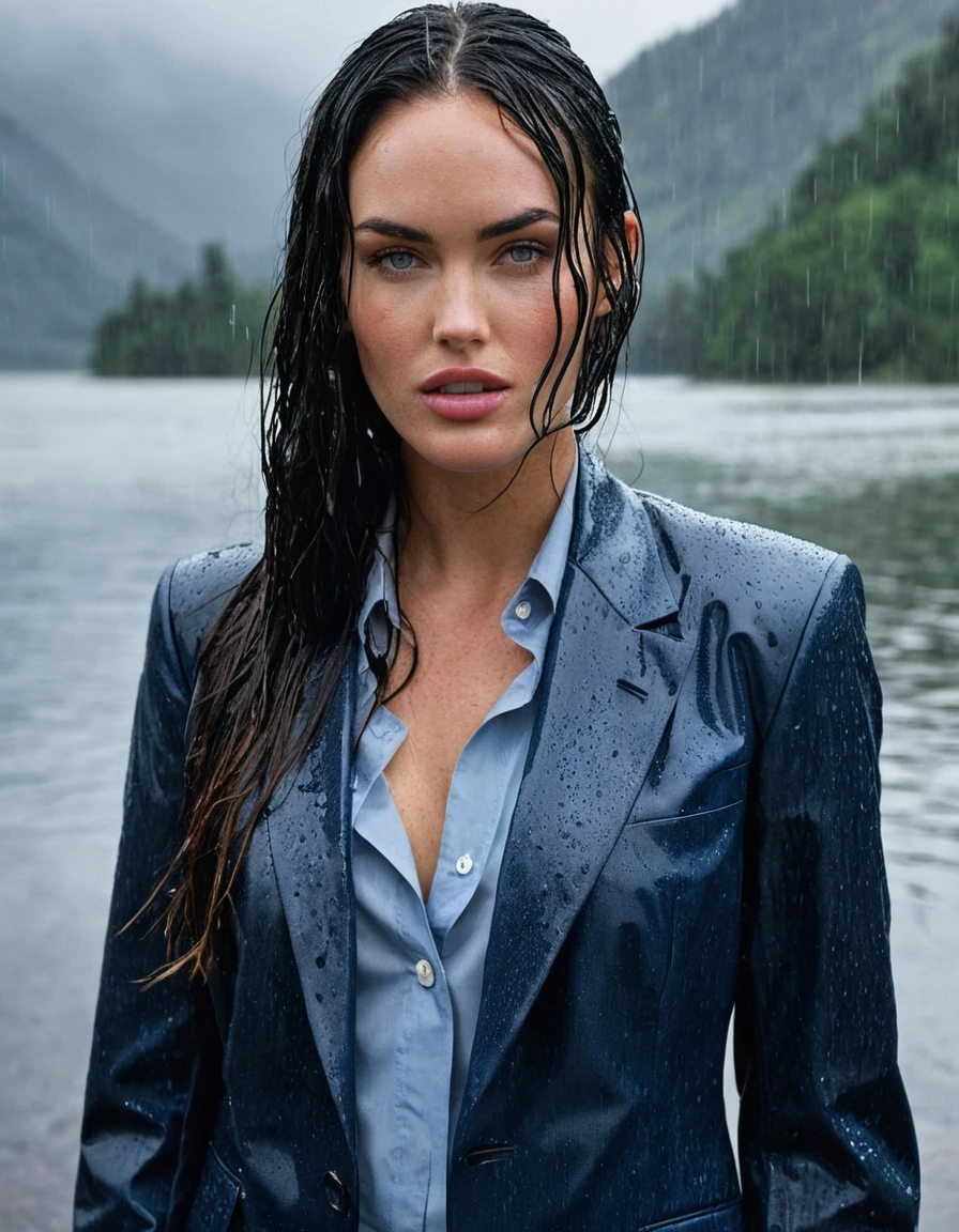 professional photo of young woman, 20 year old Megan Fox, in soaking wet, drenched clothes, wet clothes stuck to body, detailed textures of the wet clothes, wet face, wet plastered hair, wet, drenched, wet skin, damp fabric, side parting, long hair, wearing a Dark Blue Business Suit Jacket with Light Blue button down business shirt longsleeve and Dark Blue Long Business Trouser, soaked tailored fabric, clothes clinging to body, confidently looking into camera, clear mountain lake environment during a heavy rainstorm, rain falling, moody atmosphere, full body view, detailed fabric texture, sharp focus, photorealistic, ultra-detailed fabric texture, realistic colors, RAW photo, professionally color graded