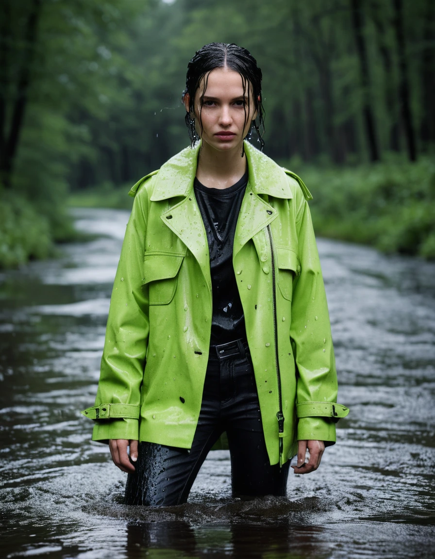professional photo of young woman, in soaking wet, drenched clothes, wet clothes stuck to body, detailed textures of the wet clothes, wet face, wet plastered hair, wet, drenched, wet skin, damp fabric, wearing a water-drenched neon green oversize t-shirt, black leather jacket, saturated, black trench coat, skin tight black leather jeans, saturated, black leather ankle boots, soaked and glistening, lying in a river, streaming raindrops, fabric transparency, high-contrast water cling, water dripping from hem, snow covered forest, heavy rain, storm aftermath atmosphere, cinematic lighting, close up, sharp focus, photorealistic, ultra-detailed fabric texture, realistic colors, RAW photo, professionally color graded